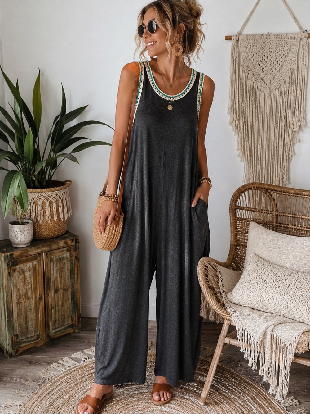 NATURAL LIFE Charcoal Wide Leg Sleeveless Jumpsuit with Beaded Trim